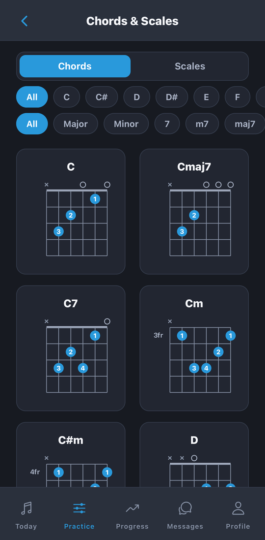 The chord library: diagrams for C, Cmaj7, C7, Cm and more, filterable by root and type