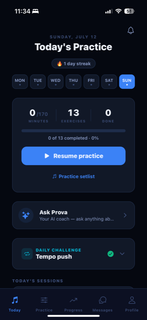 Prova Today screen — daily practice plan